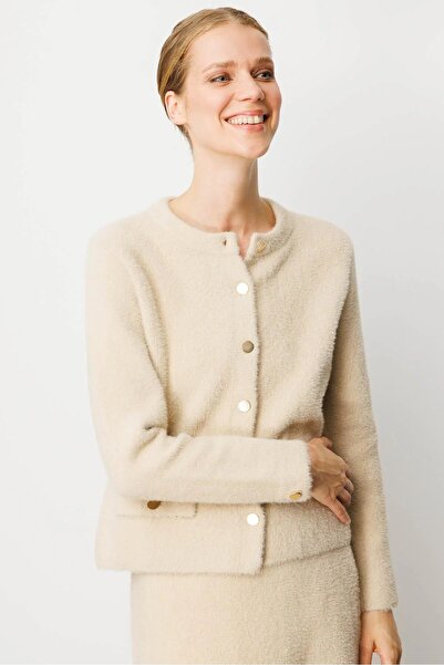 centilmen DESEN Kadın Sıfır Yaka Metal Düğmeli Afrodit Kısa Triko Ceket 25006...