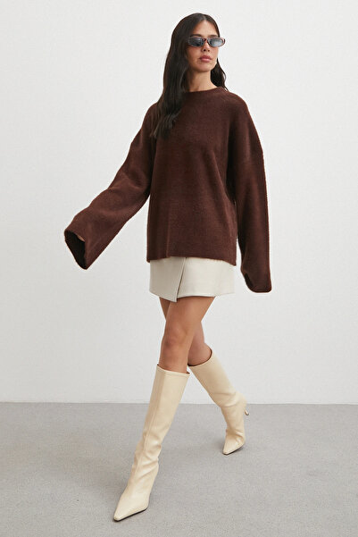 Never more Crew Neck t Sleeve Sweater Brown
