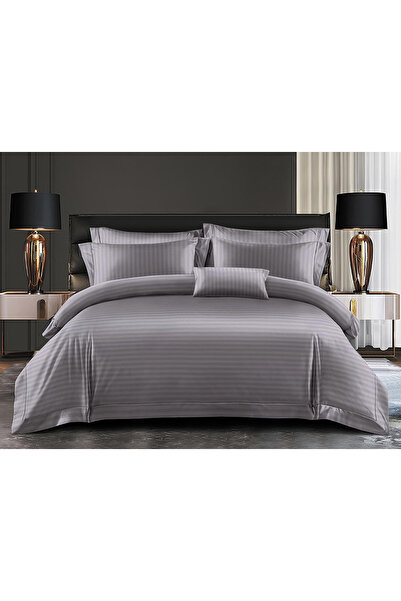 FIONNA.RO Fine Damask Bed Linen With Wide Striped Elastic - Grey