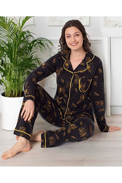 Aydoğan Women's Pajama Set Black Leaf Patterned Atlas Front Buttoned Long Sleeve