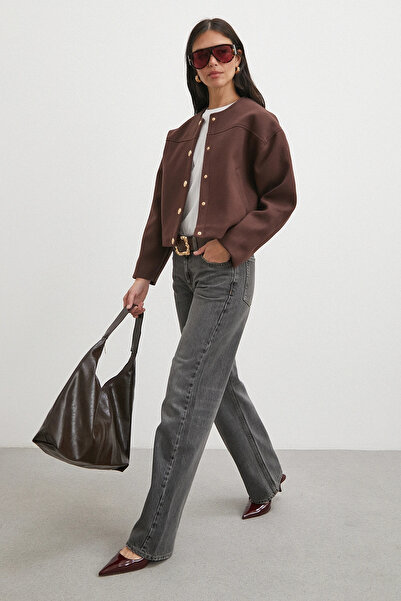 Never more Elastic Waist Buttoned Bomber Jacket Brown