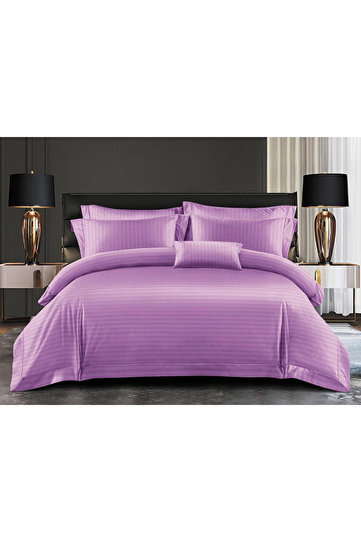 FIONNA.RO Lenjerie De Pat din Damasc Finetat Cu Elastic Cu Dungi Late - Lila