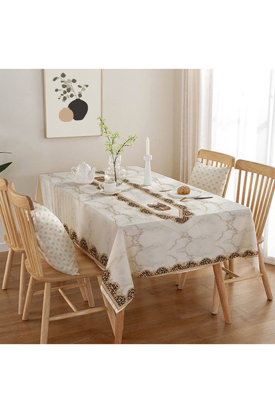 Burkan Kumaşçılık Mermer Zemin Efektli Kenar Leopar Desenli Dertsiz Masa Örtüsü