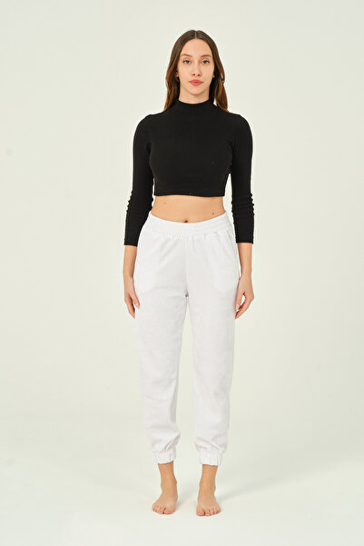 İntensive White Cotton Velvet Pocketed Women's Sweatpants