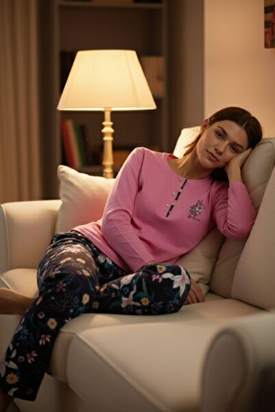 PİJAPİA Σετ πιτζάμες από 100% βαμβάκι, ροζ με λουλουδάτο σχέδιο στο κάτω μέρο...