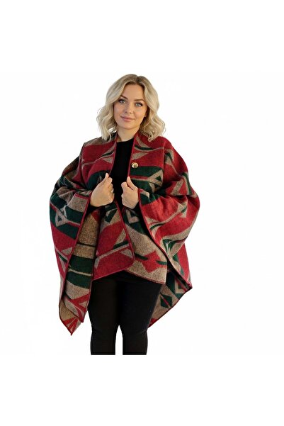 Exve Exclusive Green Beige Red Ethnic Patterned Anti-Pilling Wool Warm Unisex Camper Poncho Winter Shawl