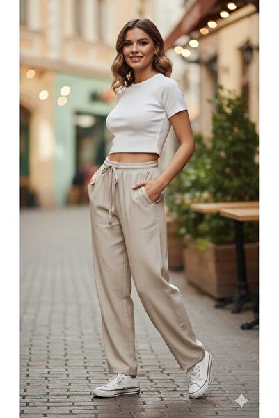 MODA Παντελόνι σε χρώμα πέτρας με απαλή υφή και κοπή μπαλόνι, άνετο στον αστρ...