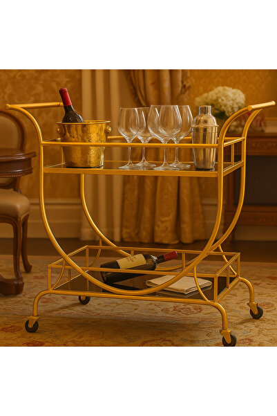 YINZUO 2-Tier Bar Cart with Black Glass Shelves and Welded Metal Frame No Assembly Required
