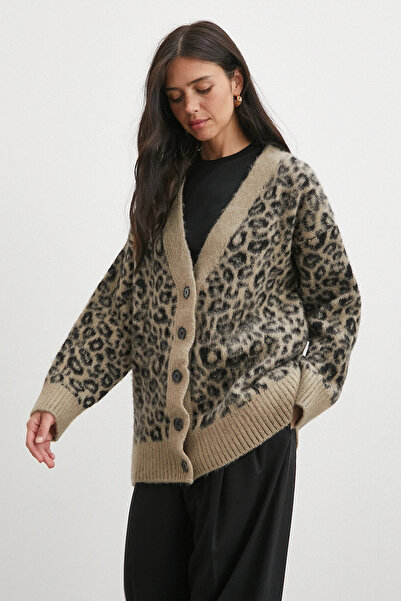Never more Leopard Buttoned Cardigan Cream
