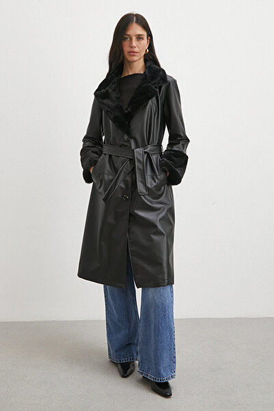 Never more Fur Belted Leather Coat Black