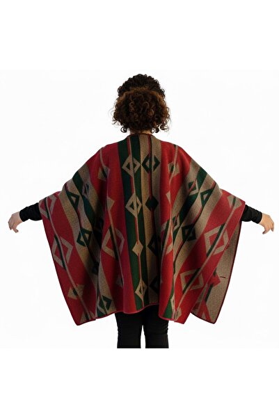 Exve Exclusive Green Beige Red Ethnic Design Patterned Anti-Pilling Wool Warm Unisex Camper Poncho Winter Shawl