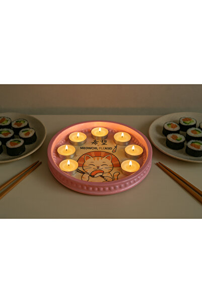 Phellos Decorative Candle Holder with Pink Cat and Sushi Figures, Jewelry Plate, Object,