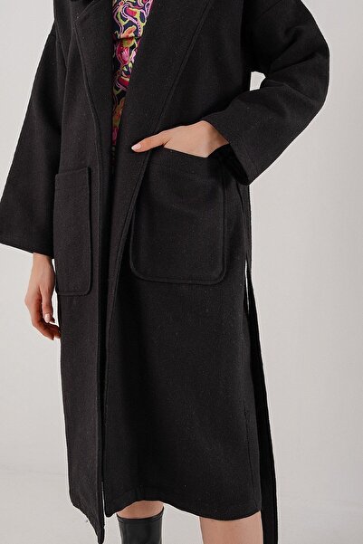 Suziş Premium Cashmere Long Coat with Bag Pockets and Belt Cr109001