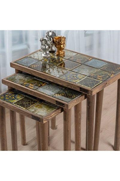 bluecape Ahşap Seramik Sehpa Takımı 3 Parça Zigon Kare Kahve Sehpası Model Belgrad