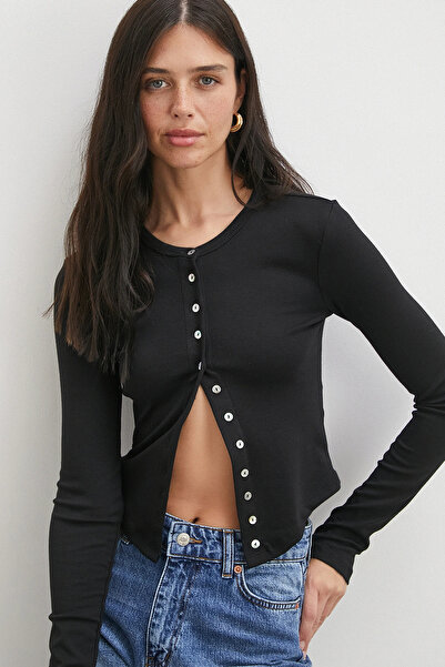 Never more Μπλούζα με μακριά μανίκια με κουμπιά Μαύρη