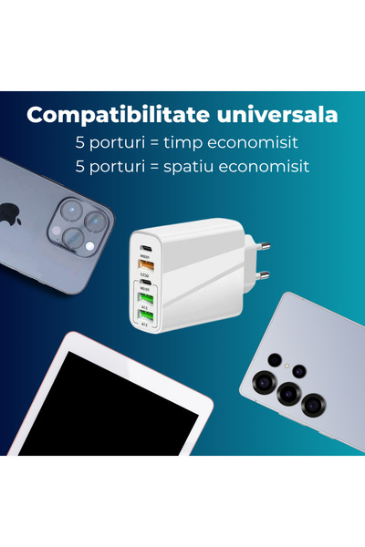 OEM 65W network charger with 5 ports, 2xType-C and 3xUSB, PD/QC fast charging, includes USB-C cable