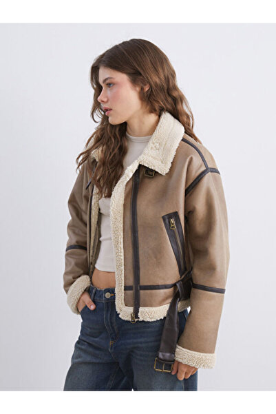 LC Waikiki Fur Collar Oversized Women's Suede Coat