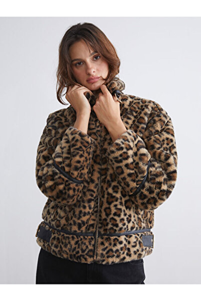 LC Waikiki Turtleneck Leopard Patterned Women's Coat