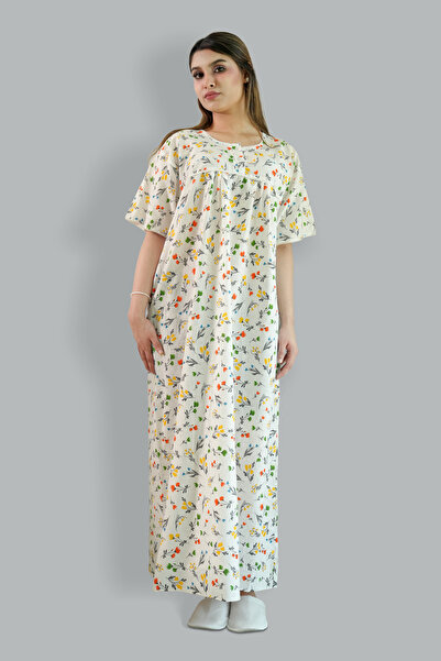 Comfort Over Everything Printed Cotton Multicolor Nighty - Round Lace Neck