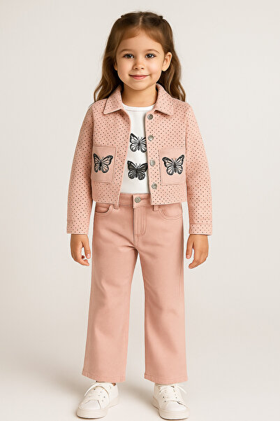 Uğur bebe Girl's Powder Color Canvas Jacket & Pants Set – Long Sleeve Sweat 3-Piece Combination