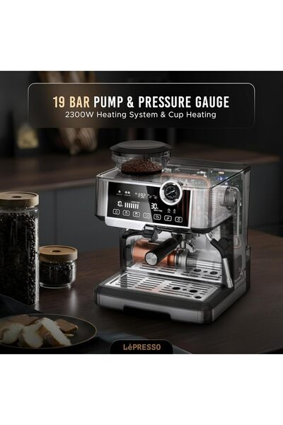 Lepresso Semi-Automatic Espresso Machine with Adjustable Grinder & Dual Boiler (2.8L, 19 Bar)