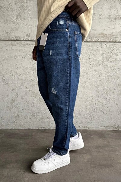 MADZEYMODA Men's Boyfriend Fit Ripped Detailed Blue Denim Jean Trousers Ke-962