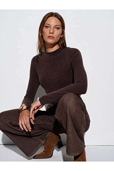 Dilvin 10841 Mock Neck Cashmere Ultra Light Knitwear Sweater-Brown M.