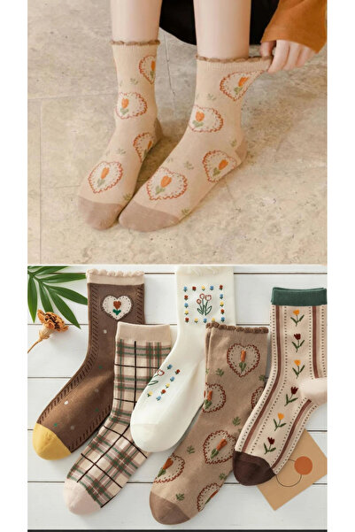 Çorapland 5 Çift Kadın Retro Çiçek-Kalp Desenli Çorap