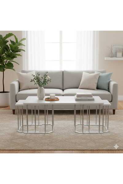 Nokta Sehpa Home İNCİ DİKDÖRTGEN YAVRULU 2+1 ORTA SEHPA krom kaplama mdf tabla