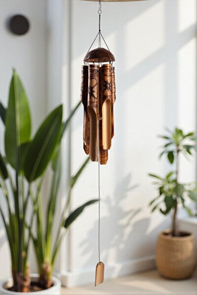 e-life shop Çiçek Desenli Otantik Coconut Kapaklı El Yapımı Doğal Bambu Rüzga...