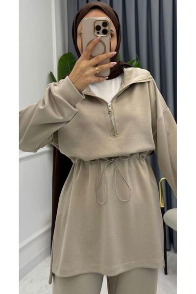 onlymoon Women's Beige Hijab Set ♦   Zippered Waist Tunic with Tie ♦   Wide Leg Pants ♦   Two Yarns Knitted