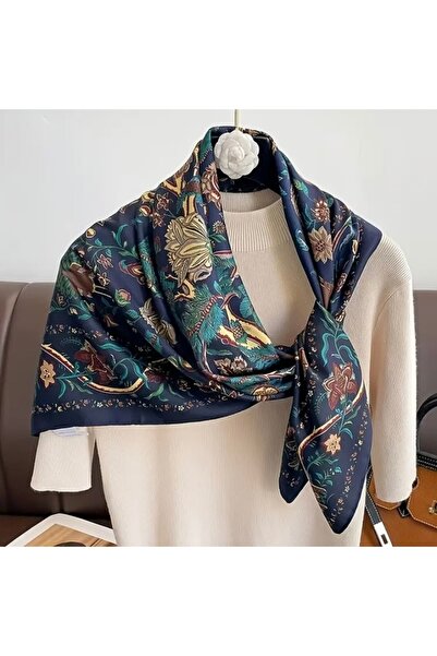 Accessories Hei Navy Blue Patterned Stylish Silk-Look Women's Accessory Scarf Foulard