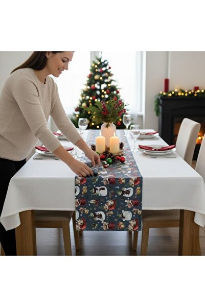 Salestore.ro Față de masă impermeabilă, 180x40cm, bumbac, cu imprimeu 3D de Crăciun, rezistentă la pete/murdărie, albastră
