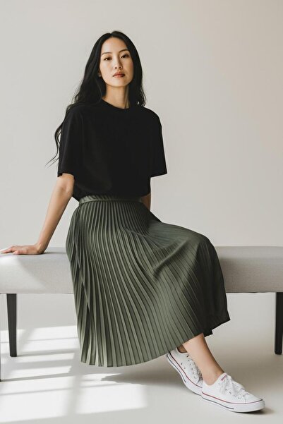 EREN STYLE Pleated Cotton Woven Viscose Winter Skirt(95 cm)