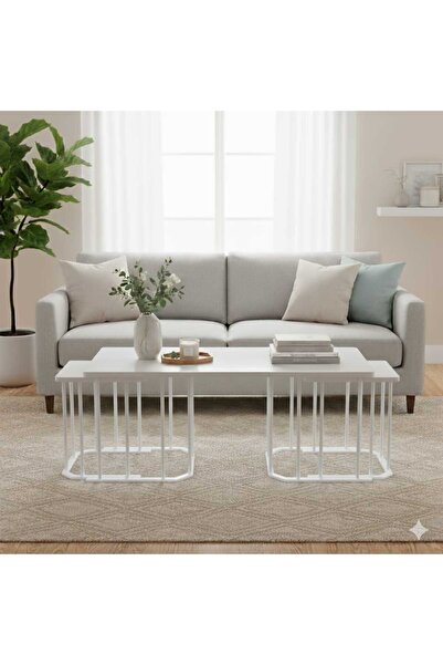 Nokta Sehpa Home İNCİ DİKDÖRTGEN YAVRULU 2+1 ORTA SEHPA beyaz ayak mdf tabla