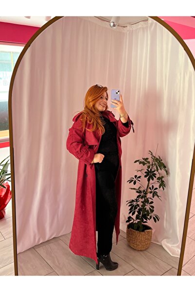 NO BRAND Kadın Bordo Süet Uzun Trençkot