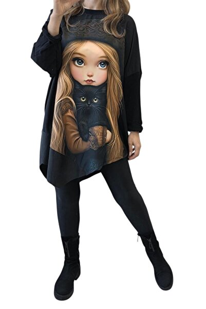 MAXORA SHOP Casual oversized blouse with eco-leather details and fashion prints