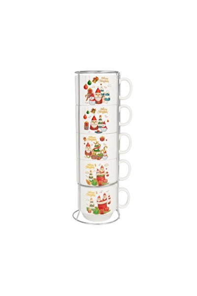 BaoBao Set of 4 Ceramic Christmas Mugs with Metal Stand – Santa Claus & Tree Design, 90 ml each