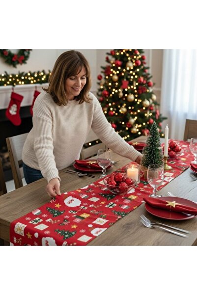Salestore.ro Table runner 180x40cm, cotton, Waterproof, 3D Christmas print tablecloth, Stain, dirt resistant, Red