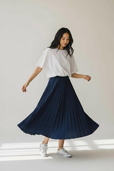 EREN STYLE Pleated Cotton Woven Viscose Winter Skirt(95 cm)