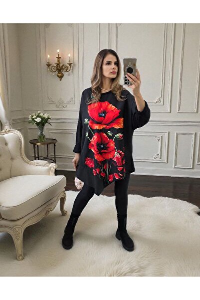 MAXORA SHOP Casual oversized blouse with eco-leather details and fashion prints