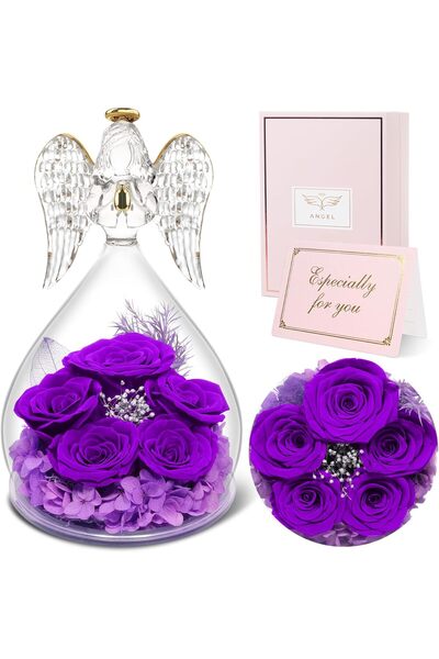 OEMN Înger Sunia cu trandafir etern și 5 trandafiri adevărați conservați în c...