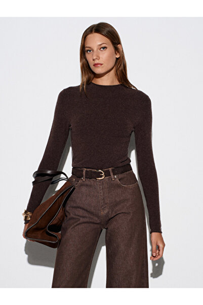 Dilvin 10841 Mock Neck Cashmere Ultra Light Knitwear Sweater-Brown M.