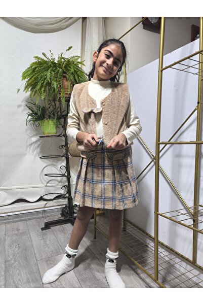 Şimo Butik Girl's Three-Piece Set (Plush Vest+Cotton Blouse+Cashmere Shorts Skirt) Stylish Winter Camel