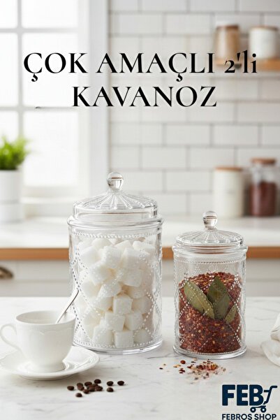 Febros 2’li Özel Elmas Desenli Şeffaf Kavanoz Seti Çok Amaçlı Şekerlik Baharatlık Banyo Düzenleyici