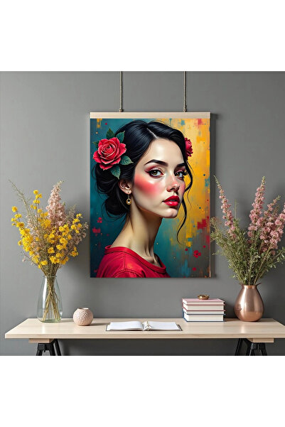 Printees Tablou - Portret cu trandafir în păr - Canvas pe șasiu