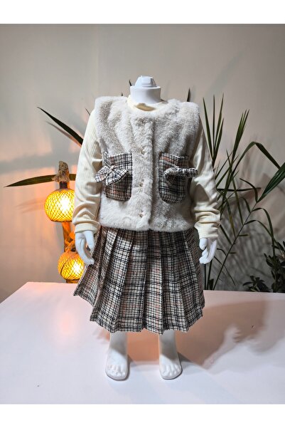 Şimo Butik Girl's Three-Piece Set (Plush Vest+Cotton Blouse+Cashmere Skirt) Stylish Winter Stone Color