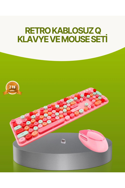 Genel Markalar Bluetooth Retro Kablosuz Klavye ve Mouse Seti – 3 Cihaz Bağlantılı, Sessiz Tuş, Uzun Pil Ömrü