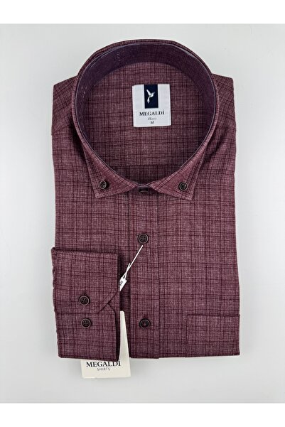 MEGALDİ Erkek Klasik Kesim Ekose İndigo Uzun Kollu Cepli Gömlek