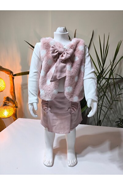 Şimo Butik Eid Girls' Three-Piece Set (Contains Plush Pieces: Vest + Cotton Blouses + Melton Shorts/Skirts) Stylish Winter Dark Pink